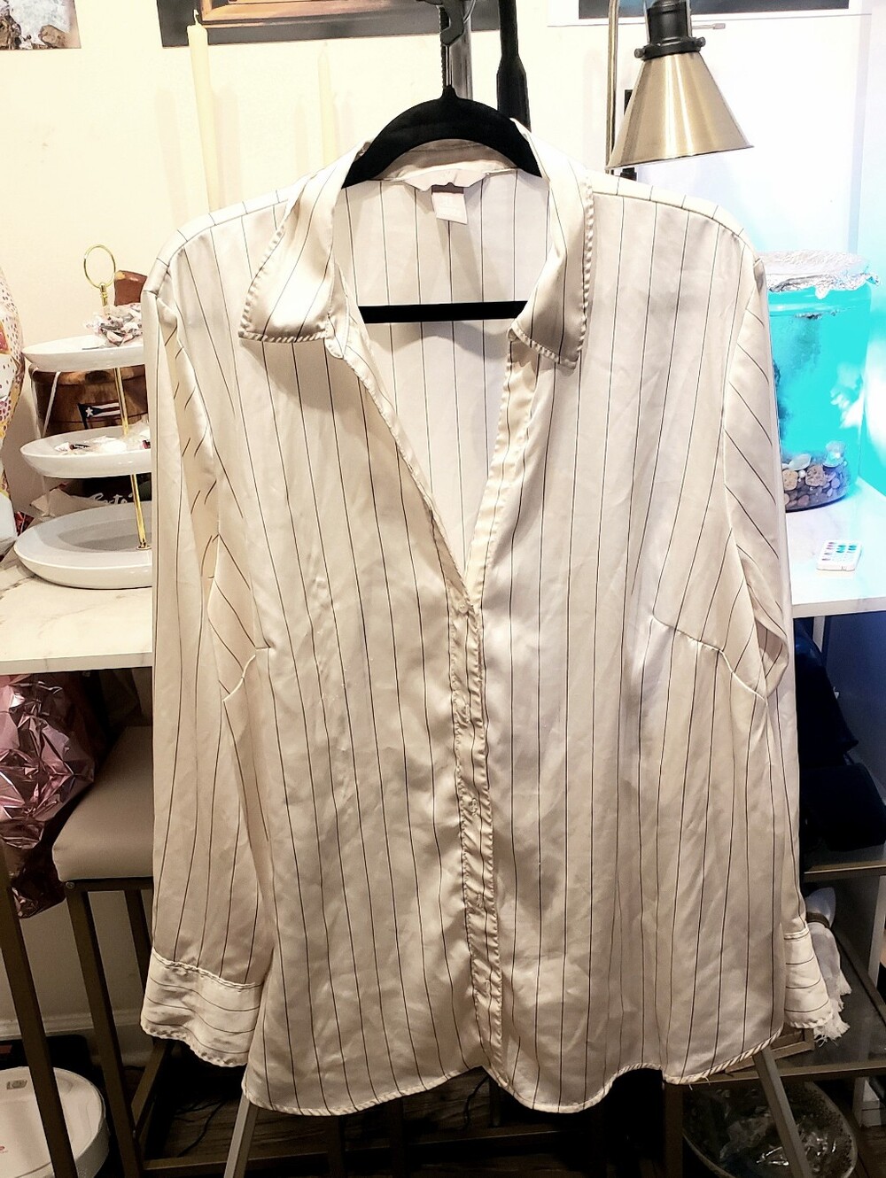 H&M White Button-Down Blouse with Black Pinstripes (XL-1X)